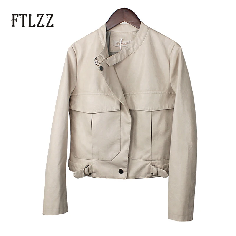 Beige Leather Jacket Women Autumn Slim Single Breasted Short Coats