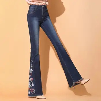 

Women Vintage Side Slit Flare Jeans Elastic Denim Pants Bell Bottoms Trousers