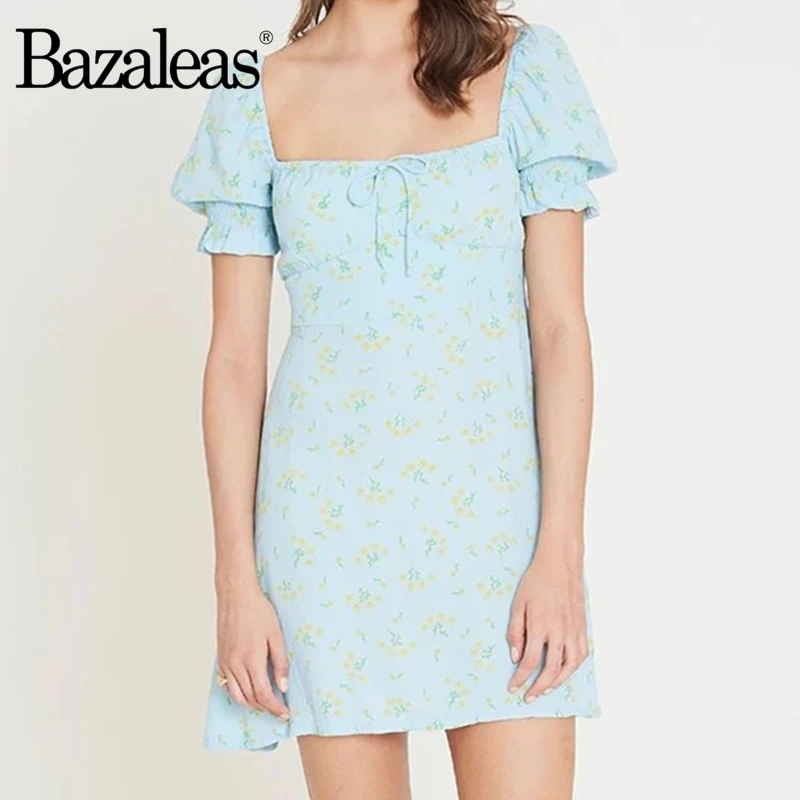 Bazaleas, шикарное синее платье с цветочным принтом, женское винтажное праздничное платье с бантом, эластичное тонкое элегантное платье с коротким рукавом vestidos