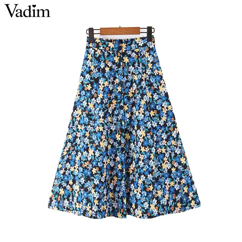 Vadim Женская юбка миди с цветочным узором в стиле ретро, эластичная резинка на талии, а-образная пуговица, Женская Повседневная стильная юбка до середины икры, BA886