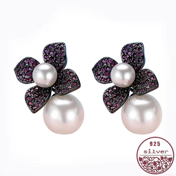 

s925 sterling silver elegant retro luxury four-leaf clover Baroque pearl female black gun color Purple gem diamond earrings