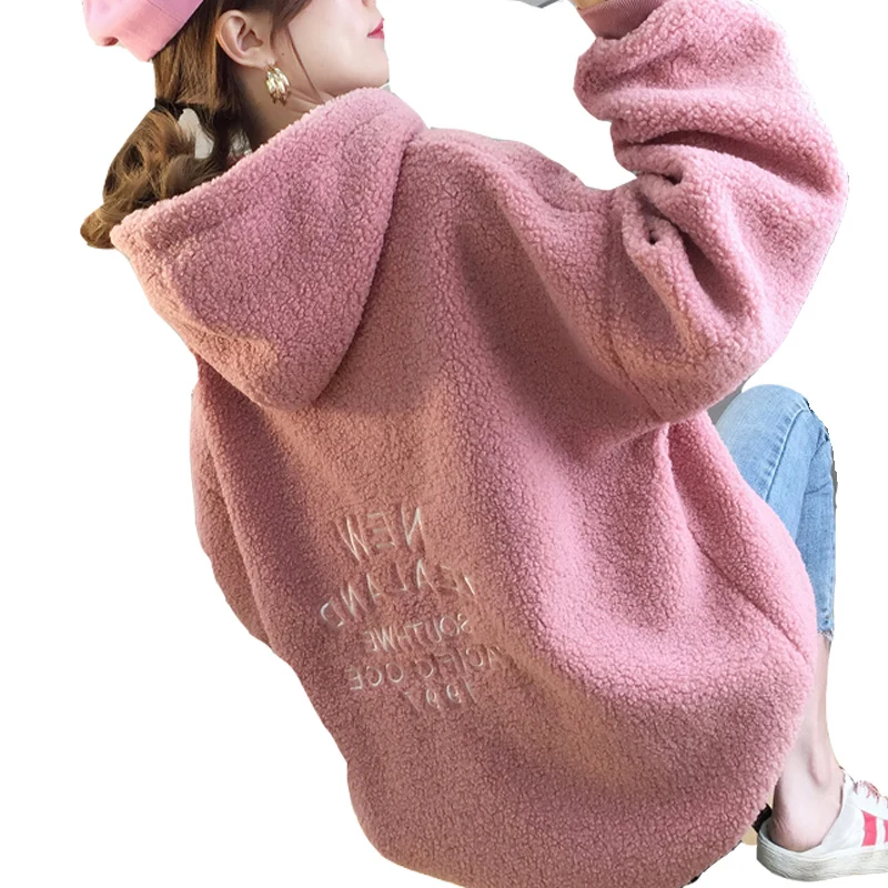 Fall winter 2020 Lazy Wind Lamb Velvet Ladies Hoodie Thickening Plus Loose Alphabet Embroidery Solid Color Girl Pullover | Женская