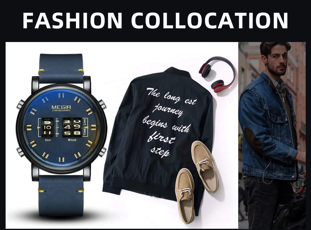 MEGIR часы с барабанным роликом для мужчин Топ люксовый бренд Мужские Военные Спортивные кварцевые наручные часы синий кожаный цифровой relogio masculino 2137