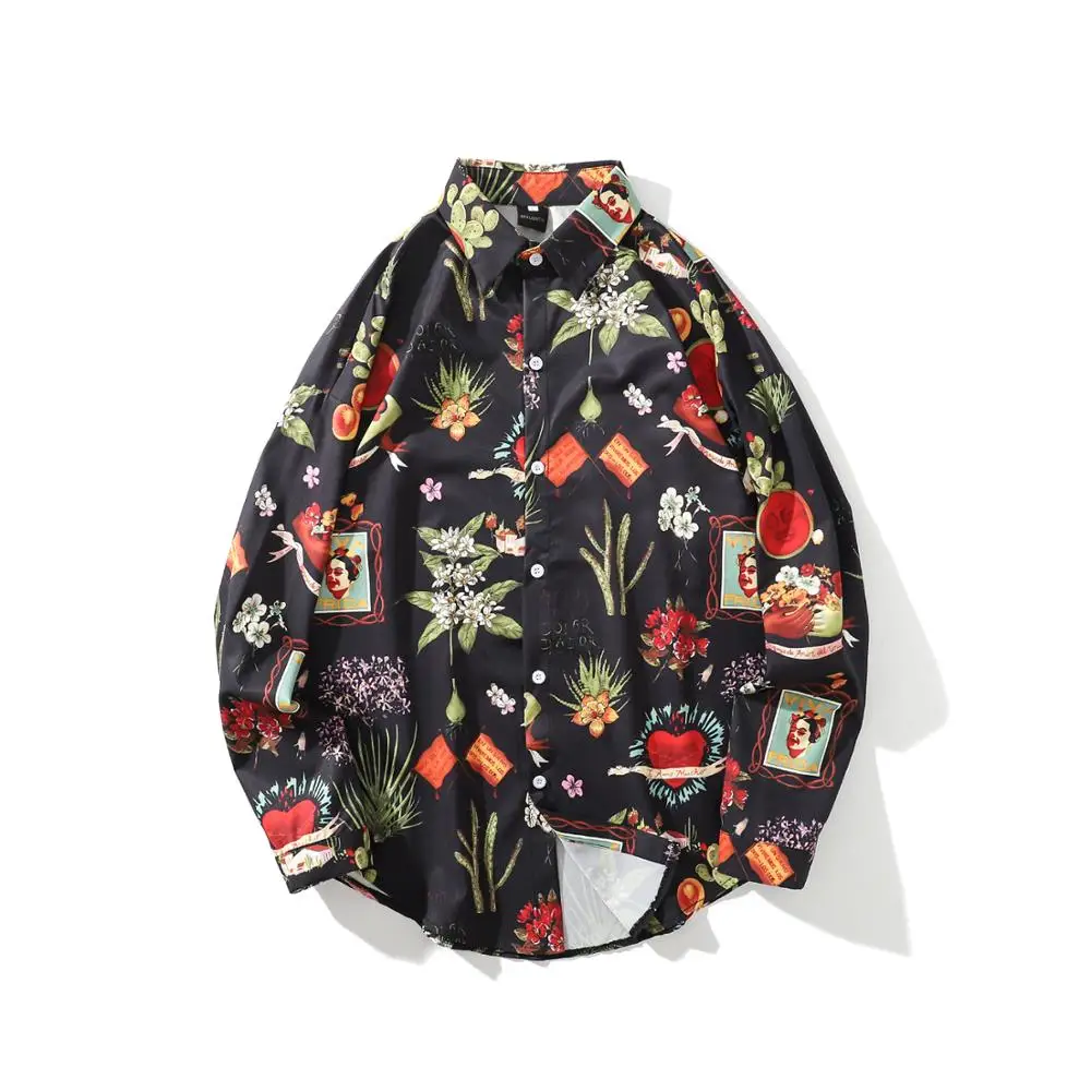 Camisa Masculina гавайская рубашка, мужская повседневная рубашка на пуговицах, топ, блузки, юбка с тропическим растением - Цвет: Черный