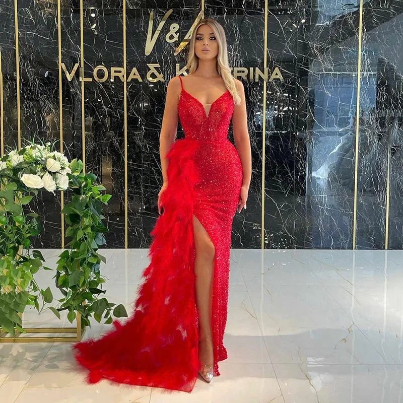 SoDigne Green Sequined Glitter Evening Dresses With Feathers Detachable Tail Arabic Strap Slit Formal Party Dress Formal Gowns