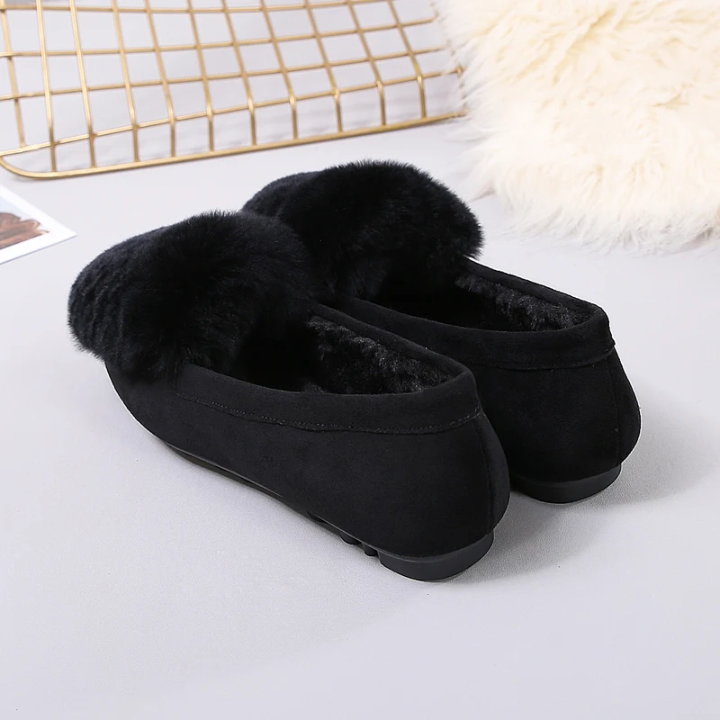 Winter Shoes Woman Flats Rabbit Fluffy Fur Faux Suede Leather Warm Loafers Soft Sole Roll Egg Peas Ballet Flat Mother Shoes