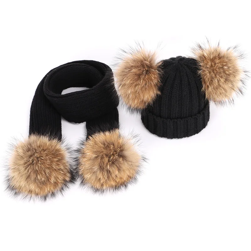 New Winter Children's Double Hair Ball Woolen Hat Scarf Set Boys Girls Thickened Raccoon Ball Knitted Ear Cap Two Piece Set