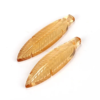 

New!!Hand Carved Yellow Quartz Feather shaped earrings beads, 35x9x4mm, 4.2g