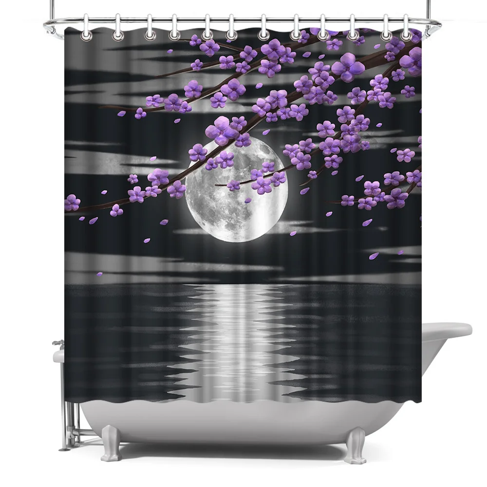 

Photo Custom Shower Curtain Purple Flower Waterproof Polyester Fabric Bath Curtain for Bathroom Decor with Hooks 180x180cm