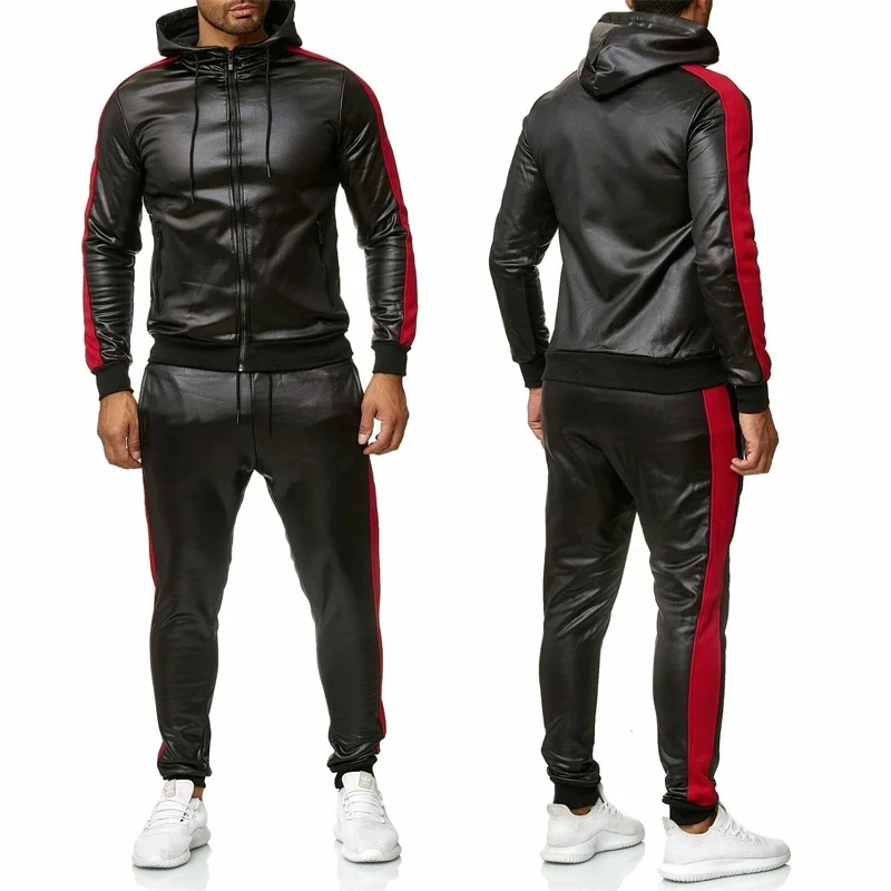 90% OFF ZOGAA Men's PU Leather Hoodies Set 2 Piece Casual Sweatsuit Hooded Jacket and Pants Jogging Suit Tracksuits Men