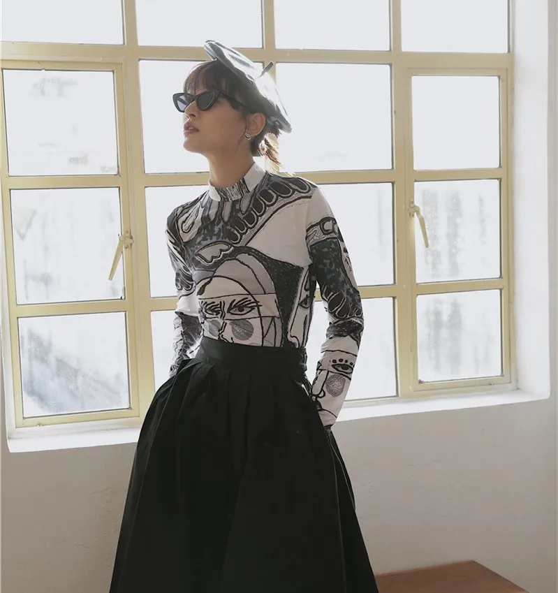 Kaufen Cheerart Kunst Druck Rollkragen Bluse Frauen Langarm Vintage Top Elastische Tunika Tops Und Blusen Kleidung Herbst 2019