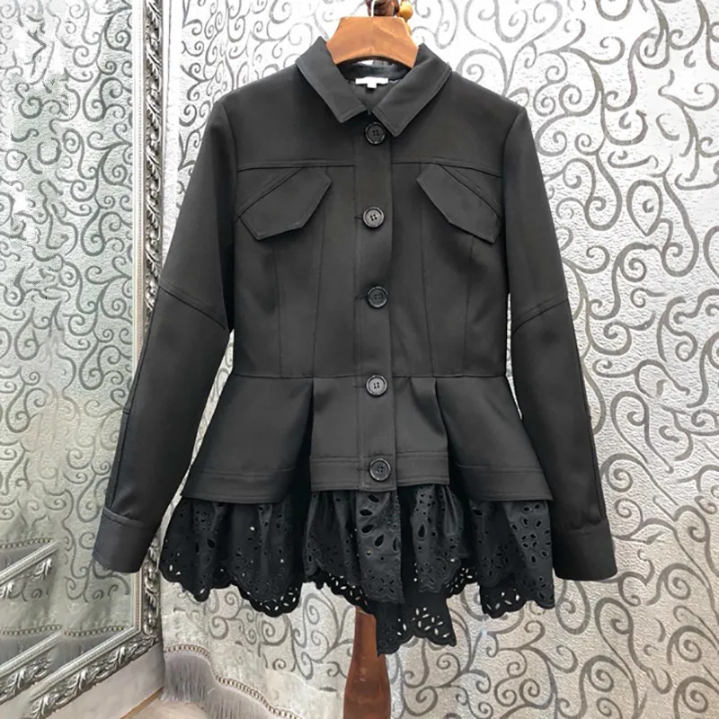 

TVVOVVIN Turn-down Collar Split Joint Personality Hem Hollow Out Long Sleeve 2019 New Spring Autumn Ruffles Women Coat F294