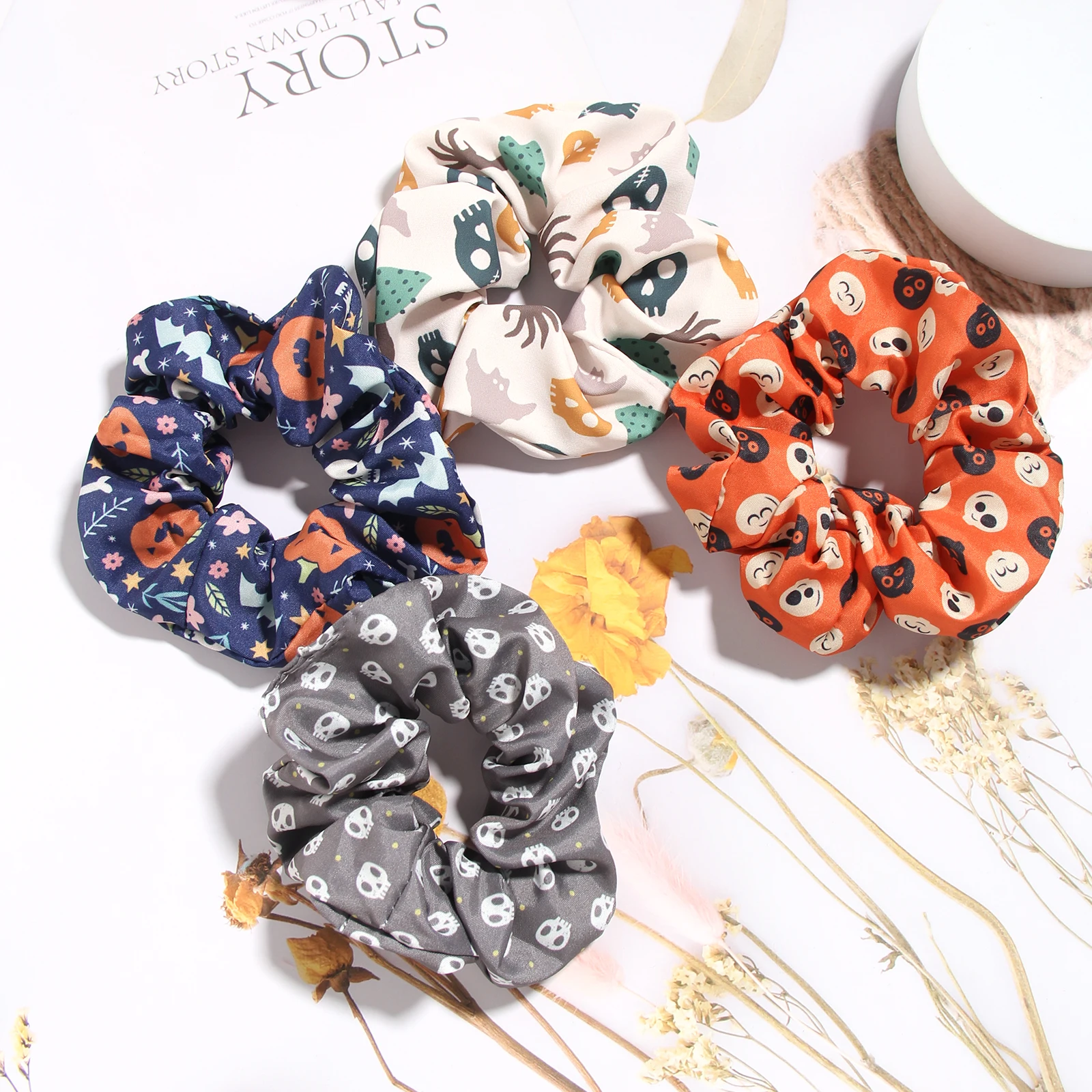 

1PC Halloween Vintage Headwear Cartoon print Elastic Hairband Ponytail holder Polyester Hair Accessories For Women Girls