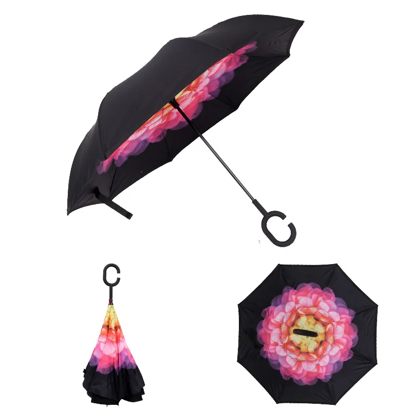 

Lotus Flower Color Windproof Reverse Folding Double Layer Inverted Rain Umbrella Self Stand Rain Protection C-Hook Hands For Car