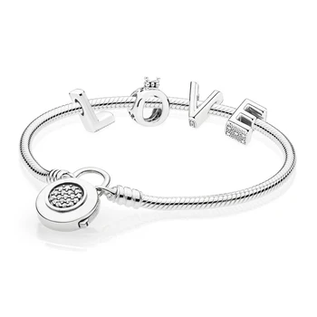 

100% 925 Sterling Silver Love CZ SMOOTH BRACELET WITH SIGNATURE PADLOCK Set