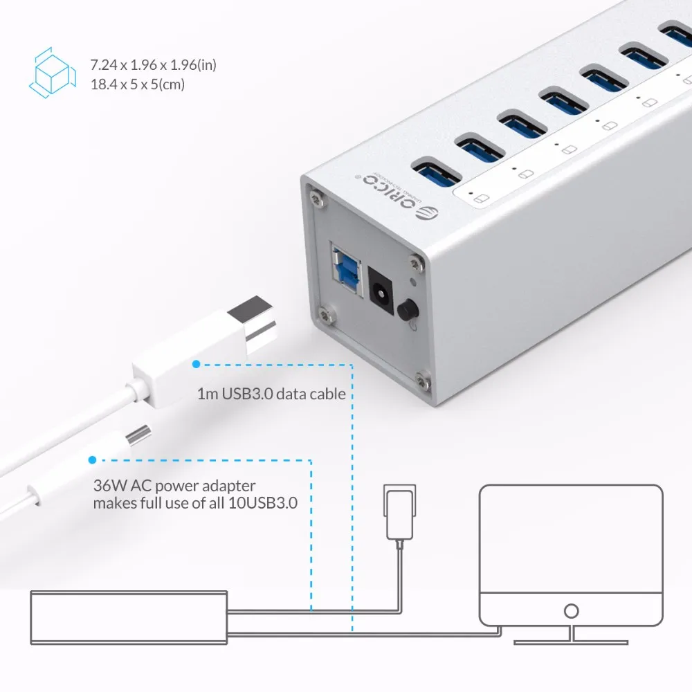 ORICO алюминиевый 10 портов USB3.0 концентратор высокая скорость 5 Гбит/с сплиттер с 12 В адаптер питания и 3.3Ft USB3.0 кабель серебро