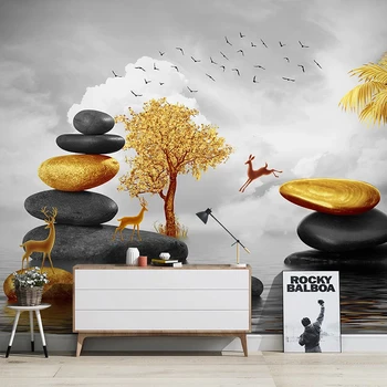 

Custom Mural 3D Golden Stone Elk Tree Creative Landscape Wall Painting Non-woven Waterproof Canvas Wallpaper Living Room Bedroom