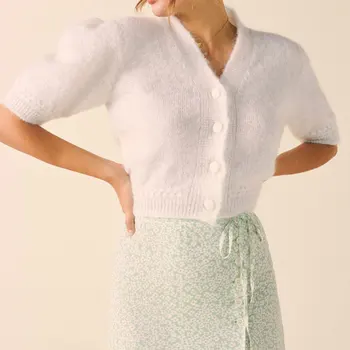 

Women Sweater 2020 Early Spring New Bubble Sleeve Short Sleeve Knitted Mohair Sweater Cardigan Women