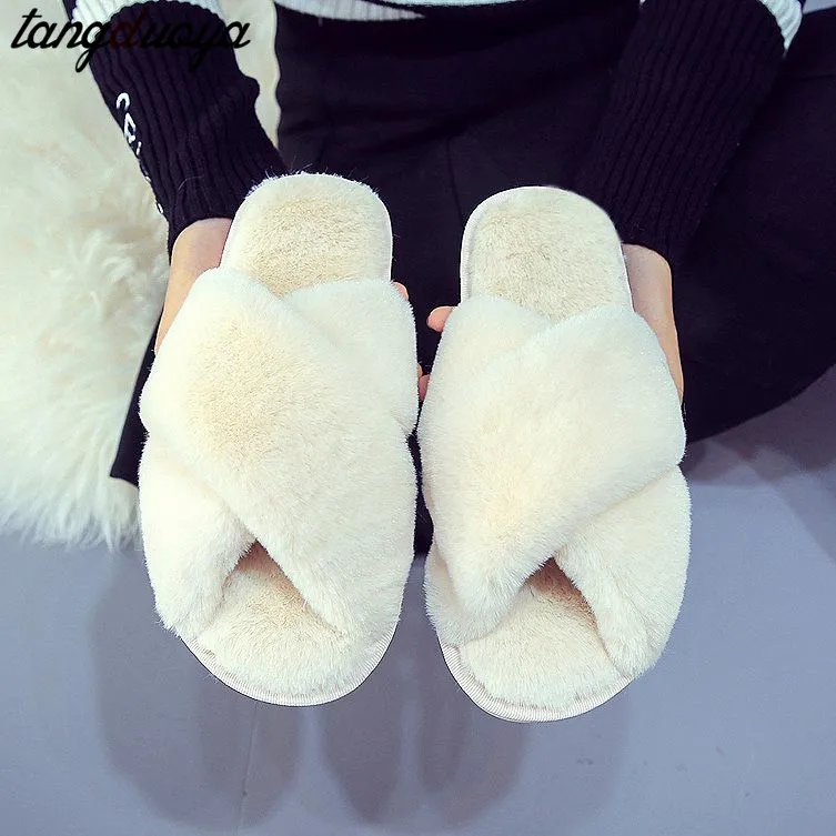 Women Fluffy Winter Sandal Cross Plush Open Toe Sandal Soft Flat Shoes Warm Faux Fur Slipper Home Female Shoes furry slippers