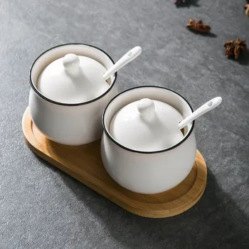 

2Pcs/Set Ceramic Spice Jar Can Seasoning Box with Spoon Salt Spice Container Organizer Condiment Storage Boxes Kitchen Tool