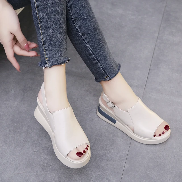 2022 Summer Women Wedge Heeled Pu Leather Sandals Cross Strap Korean Style Casual Shoes Ladies Open Toe Solid Buckle Sandalias 4