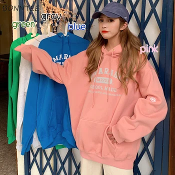

Hoodies Women Winter Pullover Chic Candy Color Harajuku Korean Style letter Printed Sweatshirts Bf Oversize Front Pocket Thicken
