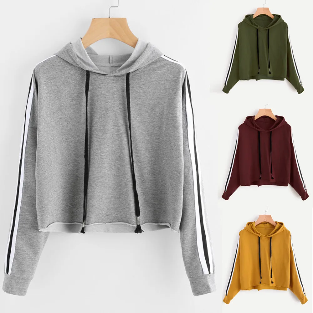 JAYCOSIN Fashion Women Striped Long Sleeve Loose Sweatshirt Casual Solid Simple Chic Solid Color Hooded Pullover Top 