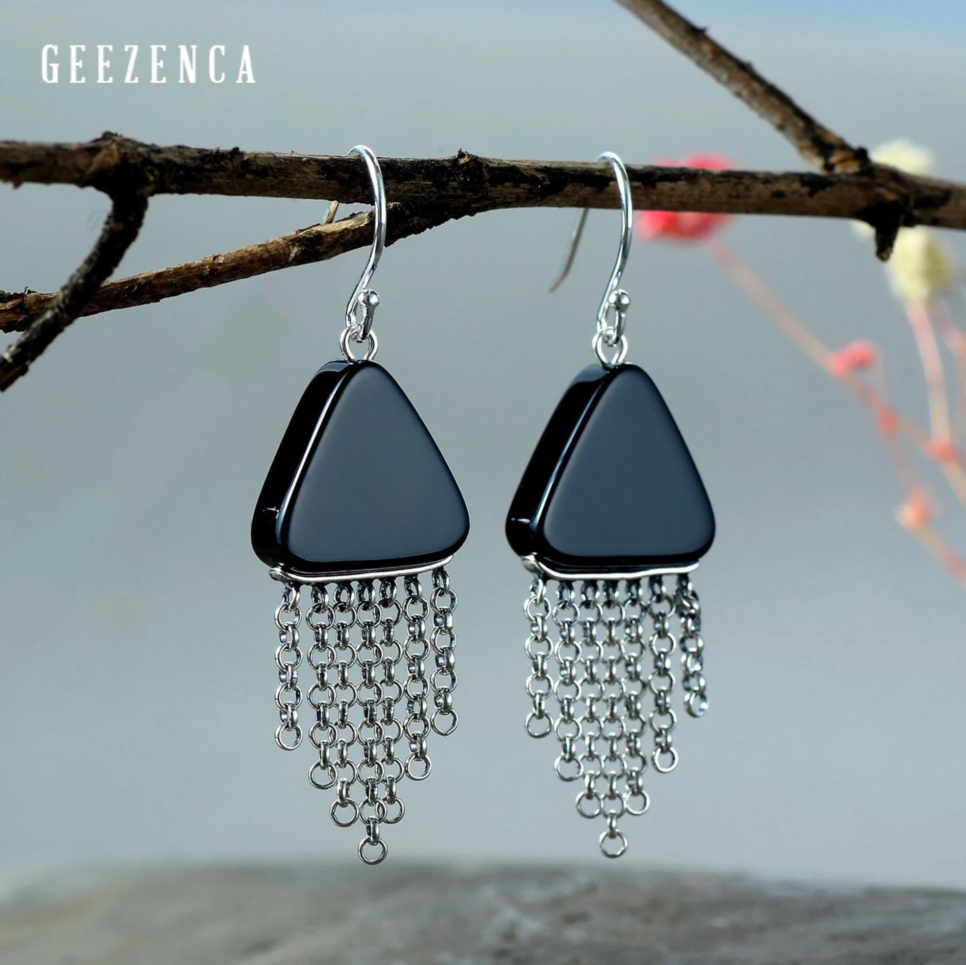 Geezenca, черные треугольные Агатовые серьги с кисточками, 925 серебро, висячие серьги для женщин, ювелирные изделия, ручная работа, винтажные трендовые Висячие серьги для женщин