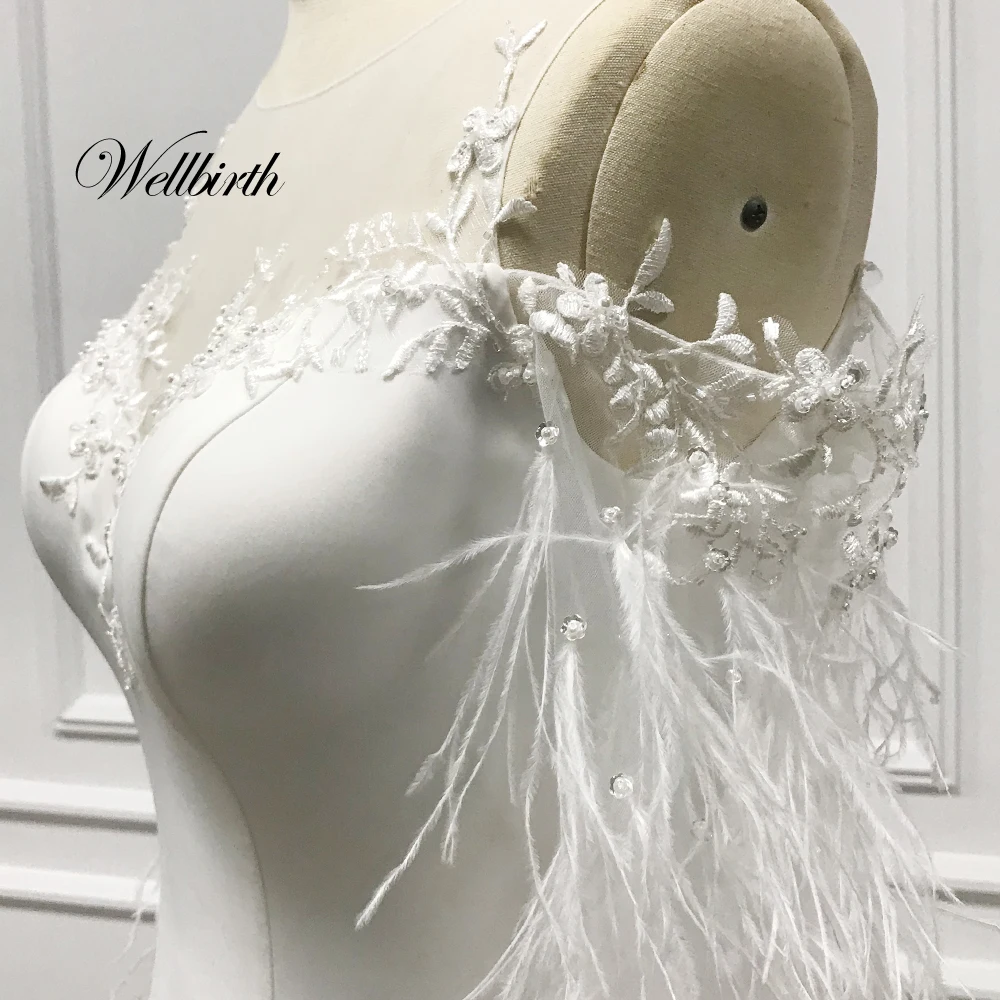Реальное изображение Wellbirth Vestido de novia атласное свадебное платье русалки с рукавами из страусиных перьев, свадебное платье TT013