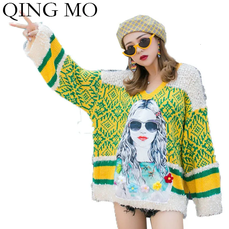 QING MO, Мультяшные пуловеры, женский свитер, женский свободный вязаный свитер большого размера, зимний теплый свитер высокого качества ZQY1897