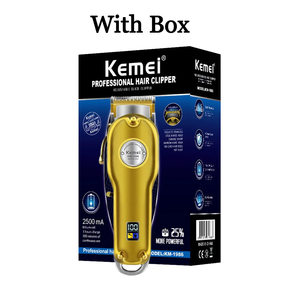 with box golden Kemei Парикмахерская профессиональная машинка для стрижки волос Электрический беспроводной триммер для волос золото и серебро машинка для стрижки волос 1986 цельнометаллический - Цвет: with box golden