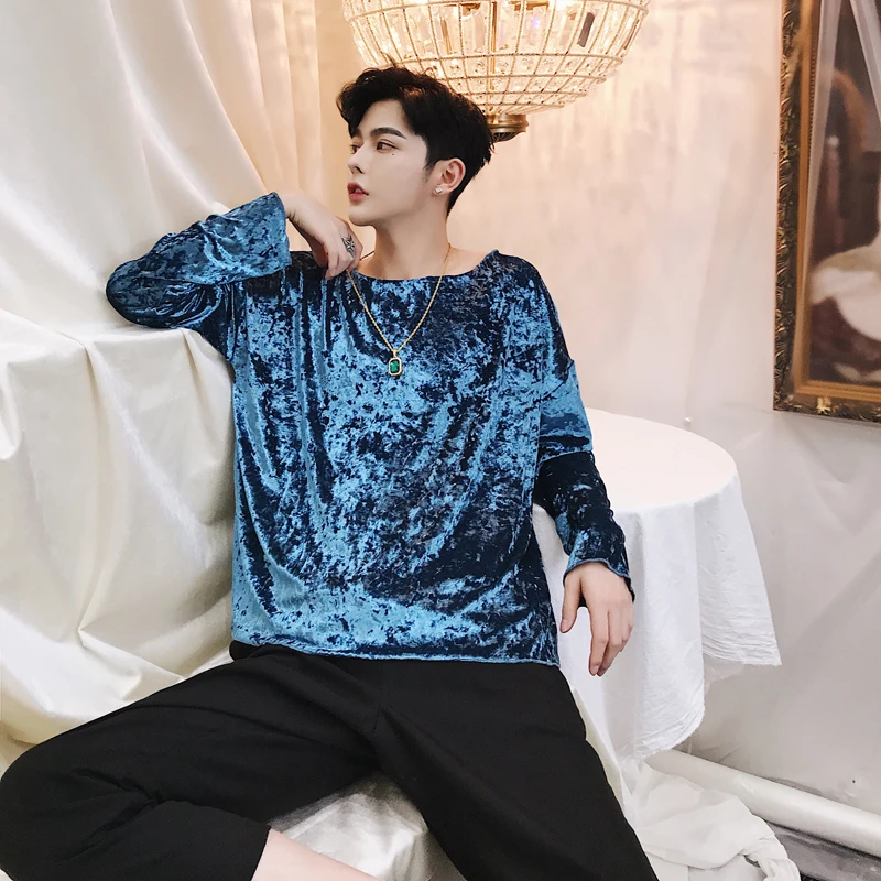 

Осенняя Новинка, золотистая бархатная Глянцевая мужская Тонкая однотонная мужская блузка с длинным рукавом, Мужской наряд для выпускного вечера