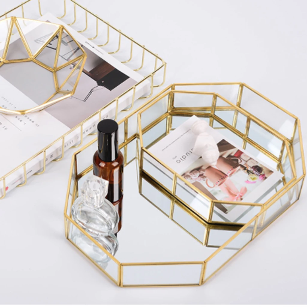 Vintage Luxurious Make Up Storage Baskets Golden Polygon Shaped Organizer Clear Glass Ornate Jewelry Sundries Storage Tray