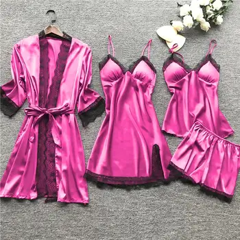 

Summer 2020 Women Pajama Sets 4 Pcs Sexy Lace Pyjamas Women Satin Silk Sleepwear Elegant Pijama With Chest Pads Homewear
