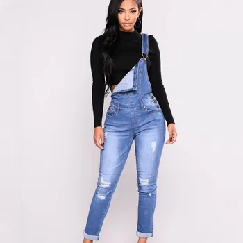 

Washed Frayed Jeans Fashion Stretch Skinny One-piece Bib Jeans Women Plus Size Slim Denim Jeans Bib Long Pants Overalls Jeans