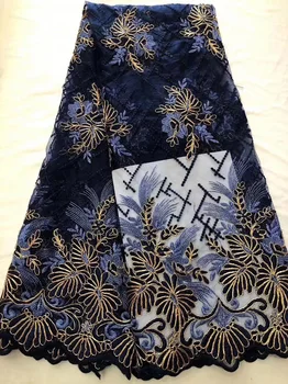 

6colors fine and neat embroidered French net lace fabric navy blue African tulle lace with golden threads for party dress FCC079