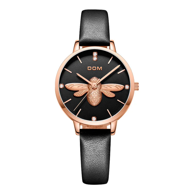 Leather Black DOM Роскошные Брендовые женские часы модные повседневные Кварцевые женские наручные часы ремешок из нержавеющей стали водонепроницаемые часы Relogio Feminino - Цвет: Leather Black