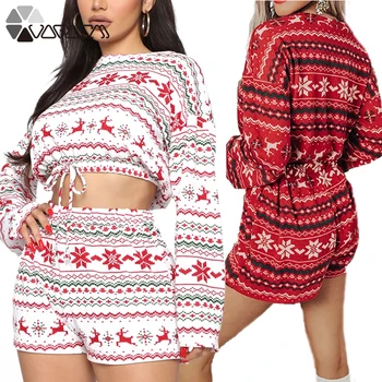 

2 Pcs Set Women Pajama Suits Christmas Xmas Snowflake Print Kawaii Long Sleeve Elastic Crop Top Shorts Fall Pullover Homewear