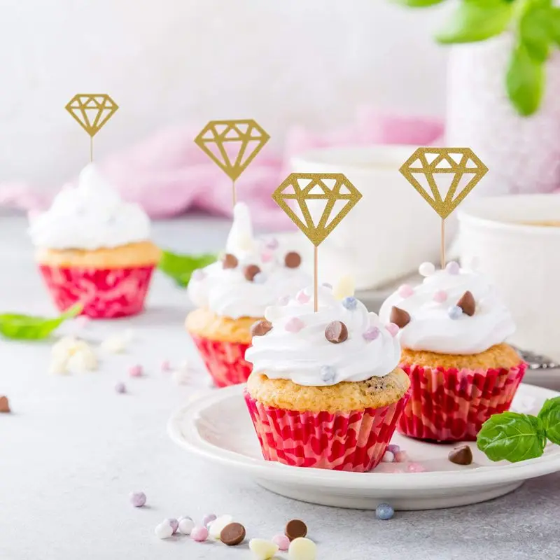 50 Pack Golden Glitter Diamond Cakes Toppers Cupcake Decor Food Picks(Gold