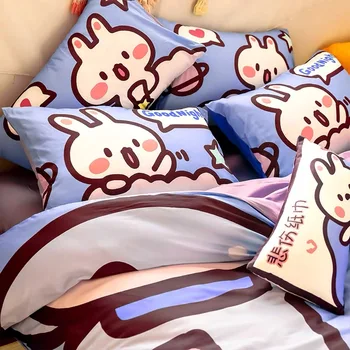 

2020 Goodnight cat 100% cotton 4-piece set cartoon cute bed sheet quilt cover purple girl spring Bedding Set Home Textile