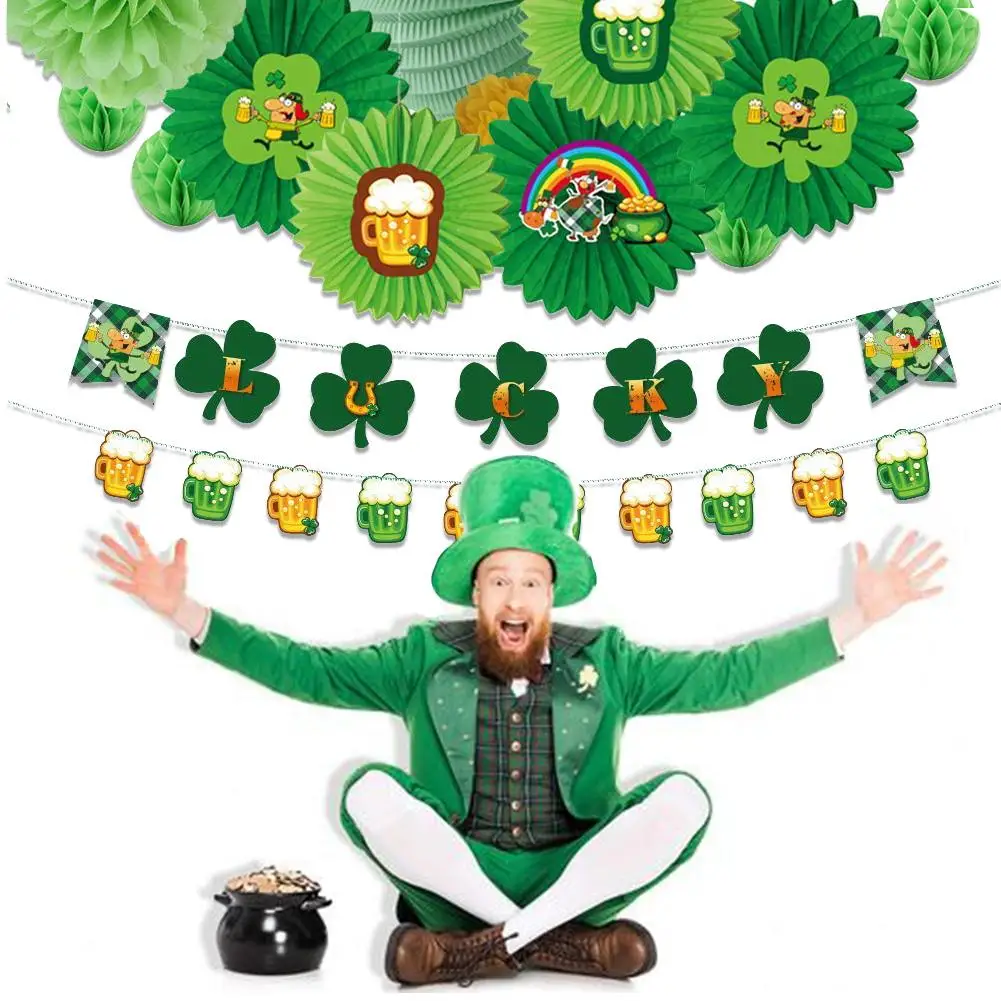 

13Pcs/Set St. Patrick's Party Decoration Paper Flower Fan Banner Set Festival Venue Layout Props Stage Background
