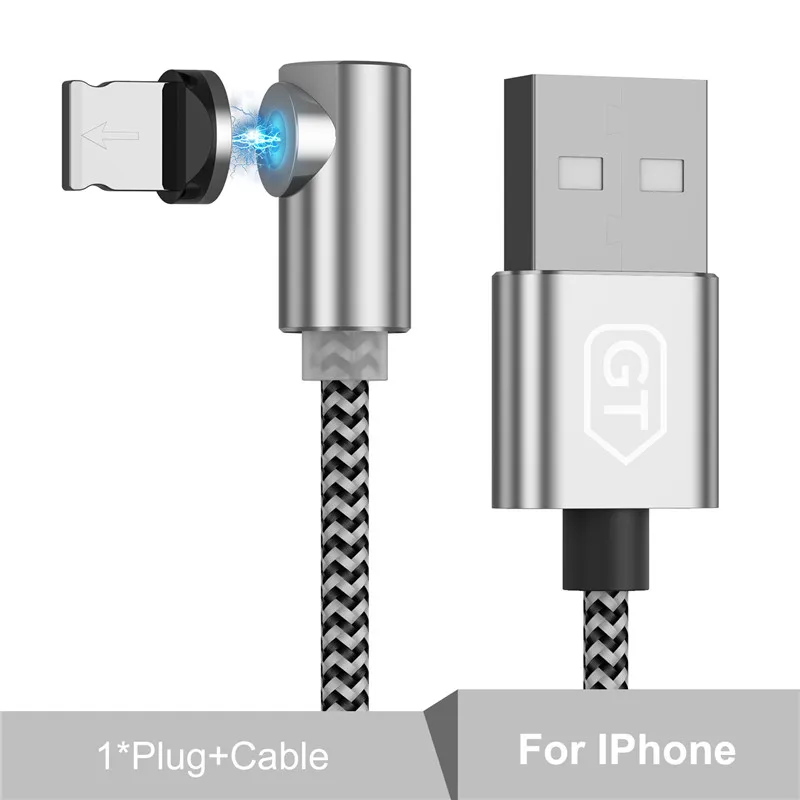 Магнитный usb-кабель GTWIN для зарядки iPhone 11 Pro Max 8 7 6, магнитный кабель Micro usb type C, зарядное устройство на 90 градусов для samsung S10 - Цвет: Silver for iOS Cable
