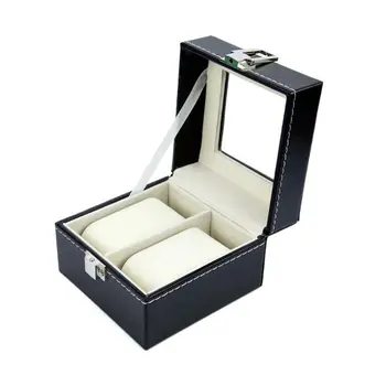 

2 Slots Black Watch Box Leather Transparent Top Square Watch Display Gift Case