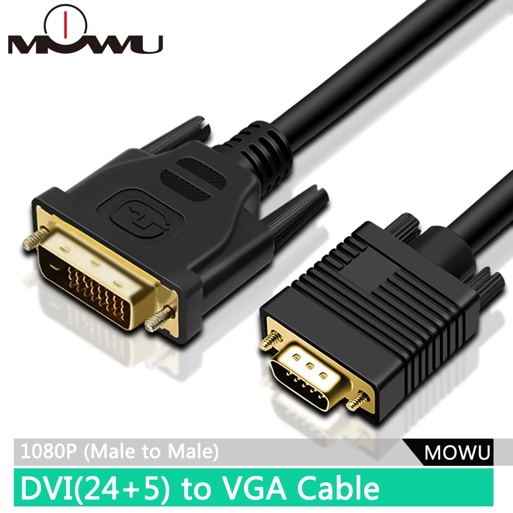MOWU convertisseur de câble DVI vers VGA, 24 + 5, DVI I mâle vers VGA