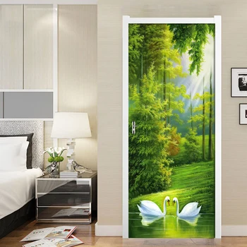 

Lake View Swan Oil Painting 3D Door Sticker PVC Waterproof Self-adhesive Wallpaper Wall Stickers Living Room Door Decor Decals