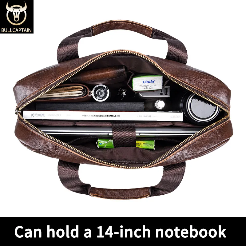 BULLCAPTAIN Briefcase Shoulder Messenger Bags Men's Genuine Leather 14-inch Laptop Bag's Men's Briefcase Office Business Handbag 3