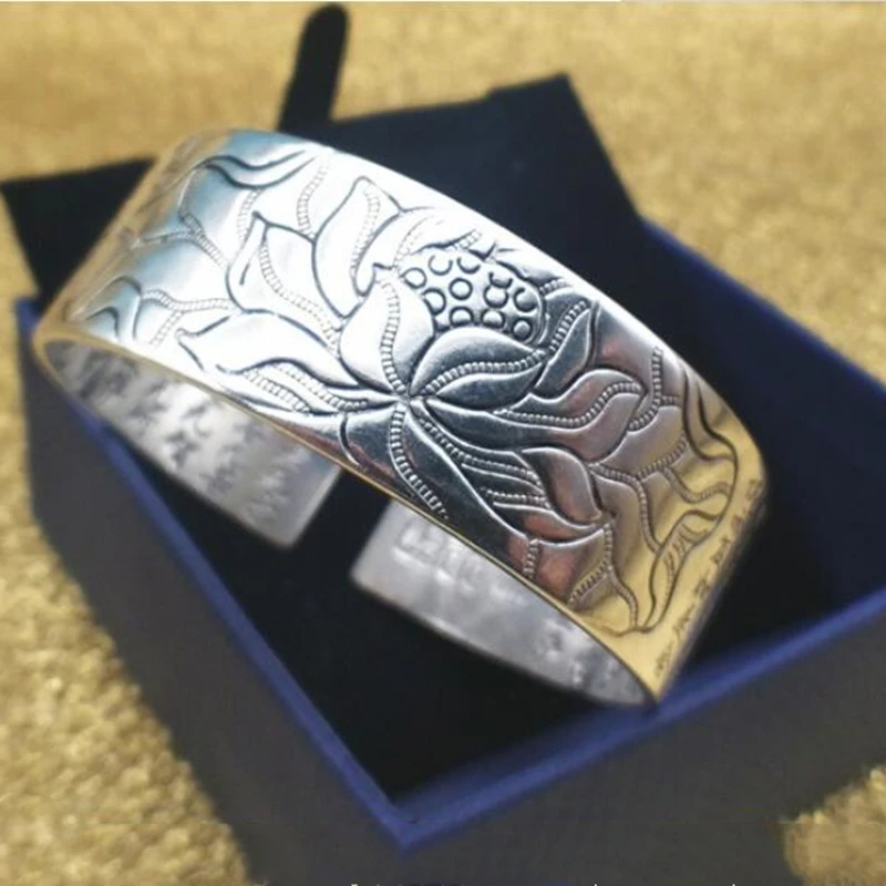 

Lotus Sutra 925 Sterling Silver Cuff Bracelets Bangles Tibetan Buddhist Scriptures Language Female Hand Jewelry