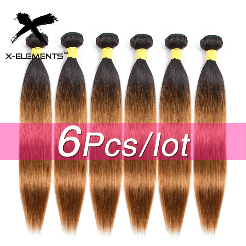 

X-Elements Peruvian Ombre Straight Human Hair Weaves T1B Purple/27/30/39J Colored Human Hair Bundles 6Piece Remy Hair Extensions