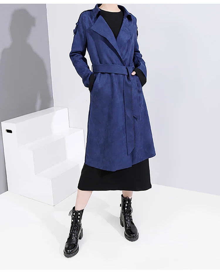 Женский синий Тренч в английском стиле Зимняя мода с поясом шарфы соединены дамы стильный длинный жакет пальто 5776