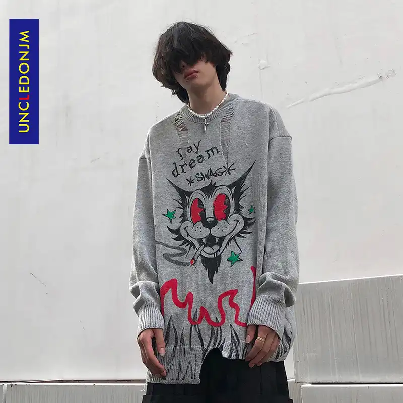 Uncledonjm男性服ファッション原宿セーター擦り切れプルオーバーニットセータールーズ韓国ファッションメンズ服広告 90 プルオーバー Aliexpress